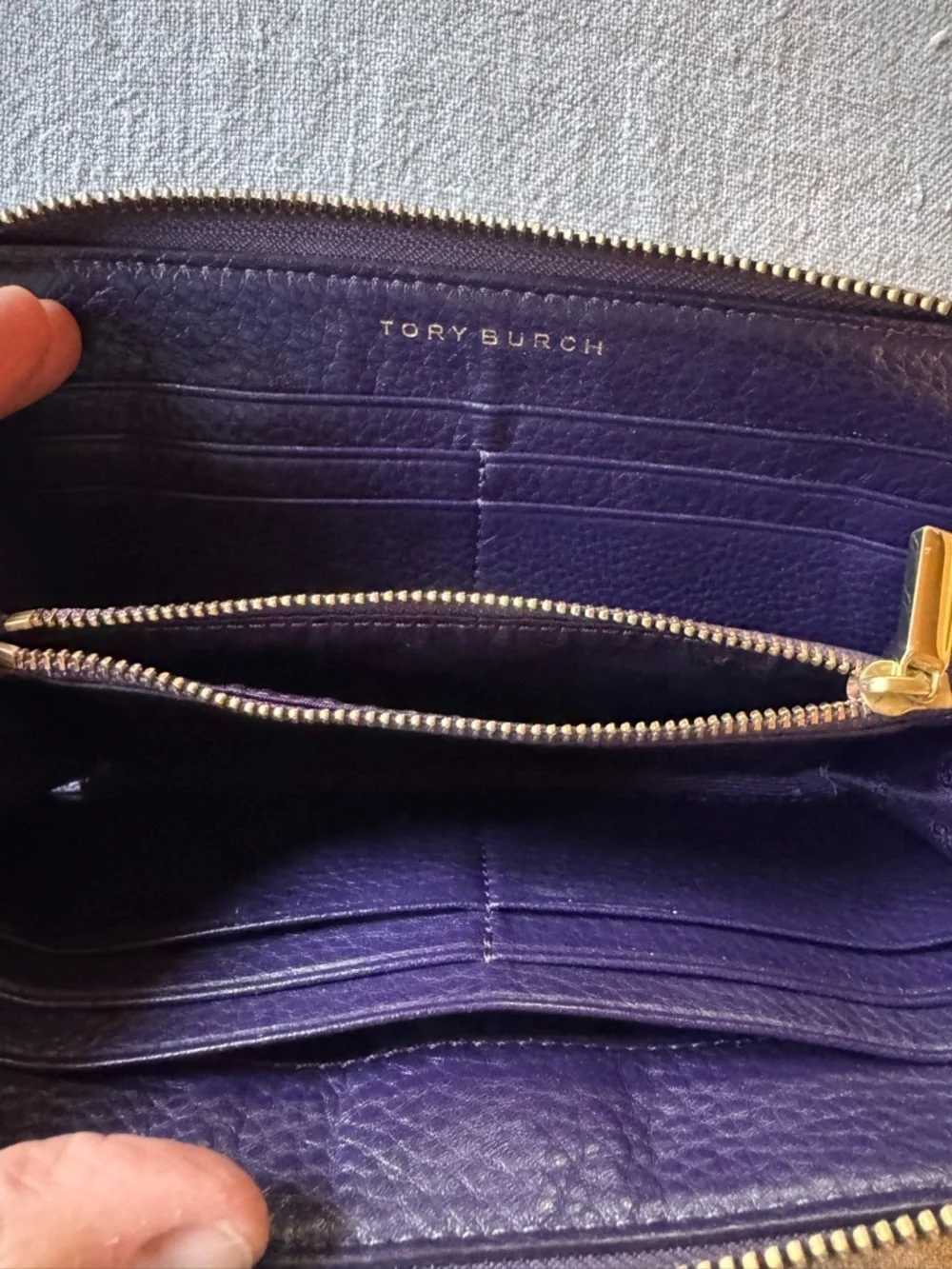 Tory Burch Purple Pebbled Leather Zip-Around Wallet with Gold Logo